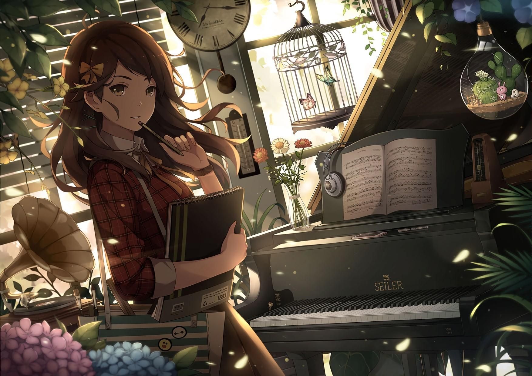An anime girl with a piano and manuscript paper, in a room full of plants and stuff